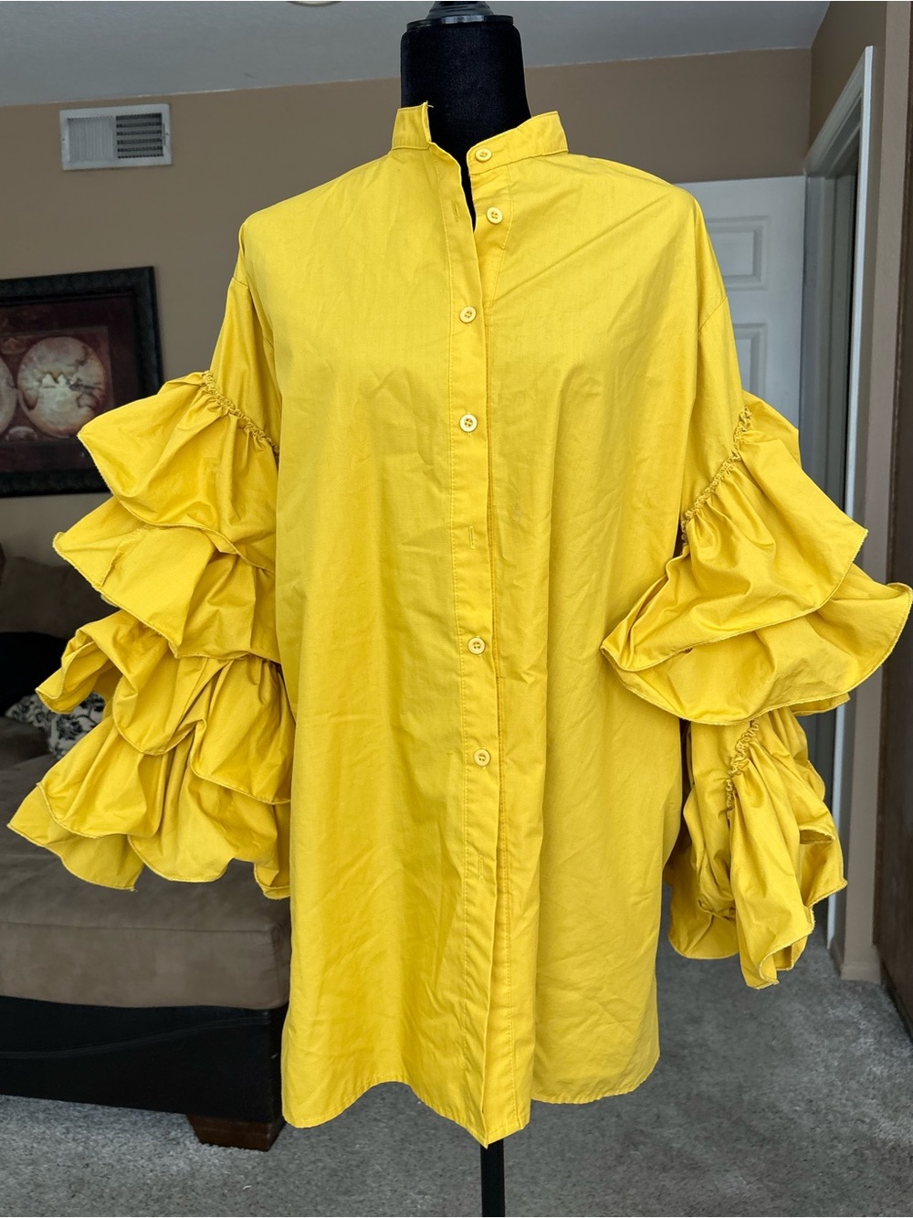 Beulah Yellow Ruffle Sleeve Button-Up Blouse Dress size Medium/Large
